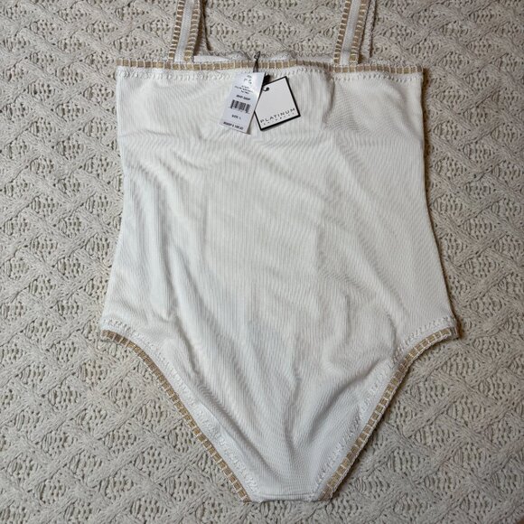 PQ Swim Platinum Crochet Trim Square Neck One-Piece  White Pearl Women’s L NWT - Picture 4 of 6